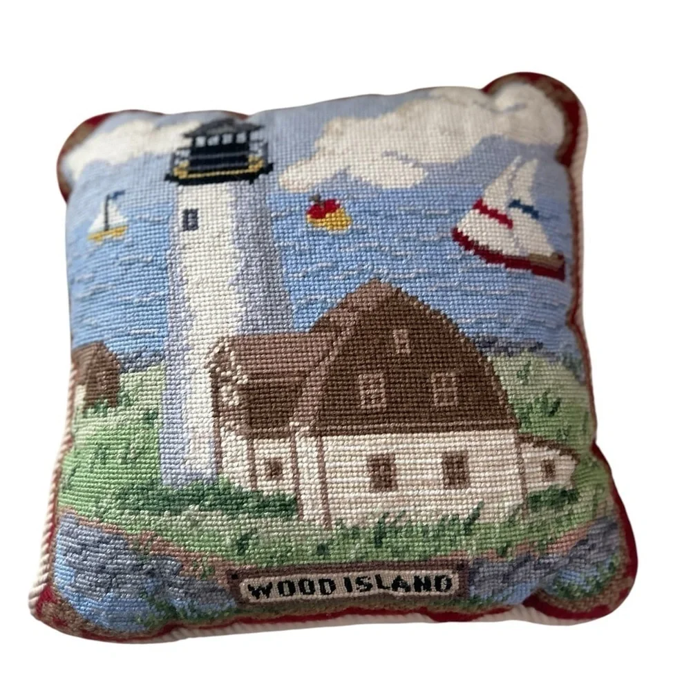 Needlepoint Lighthouse 13x13 Throw Pillow Americana Coastal Wood Island Maine